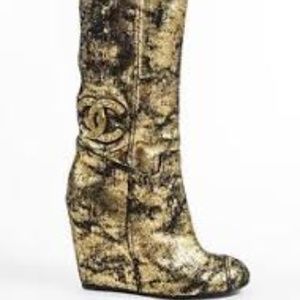 CHANEL Metallic‎ Gold Black Wedge Boots SZ 35.5